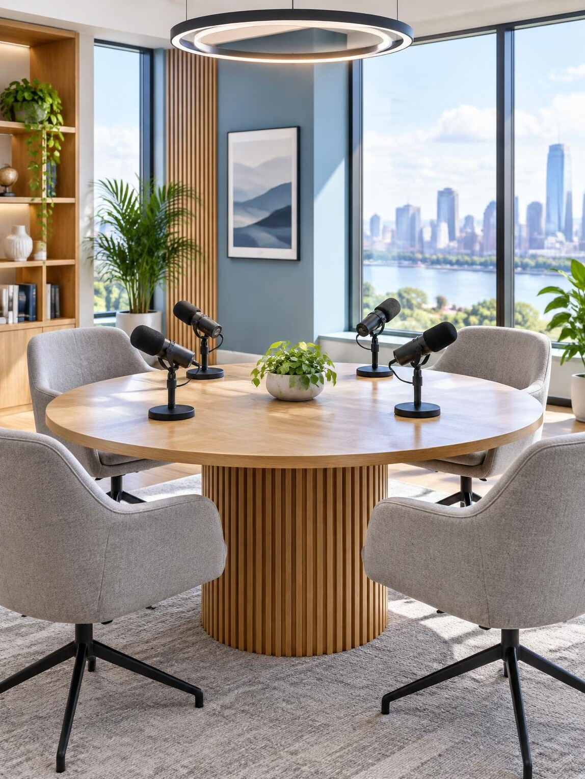Empty modern round table discussion room with microphones